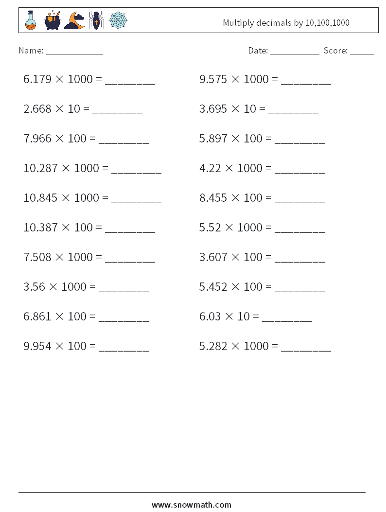 Multiply decimals by 10,100,1000 Math Worksheets 5