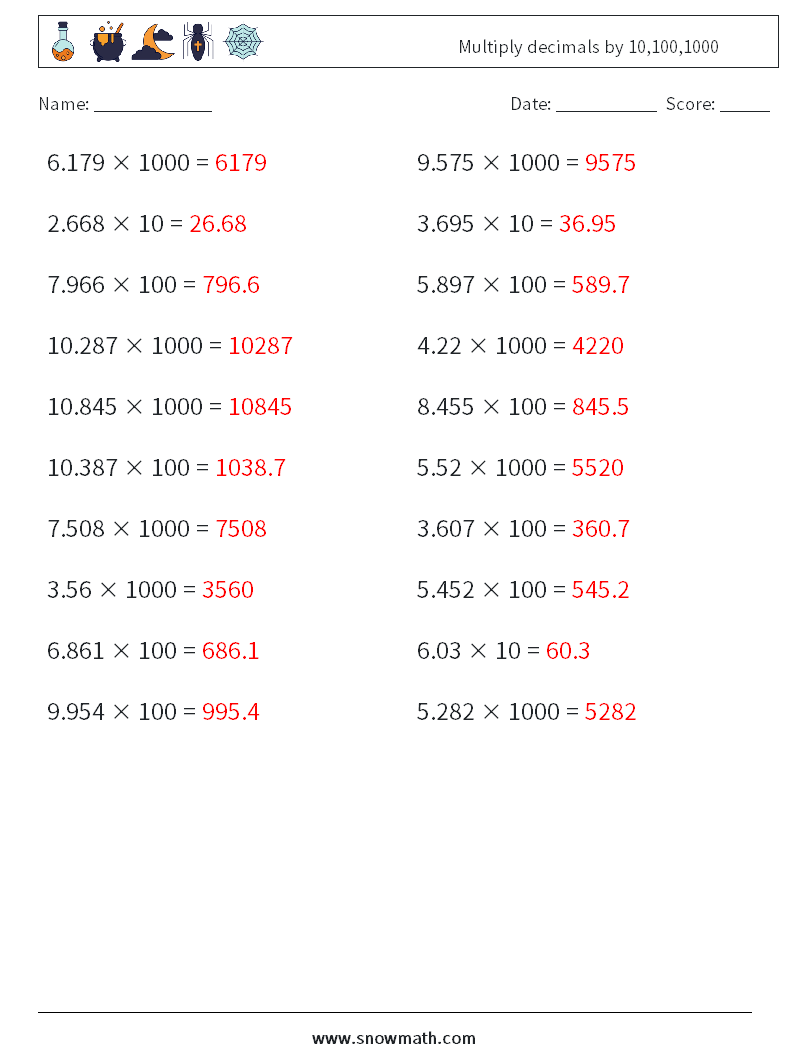Multiply decimals by 10,100,1000 Math Worksheets 5 Question, Answer