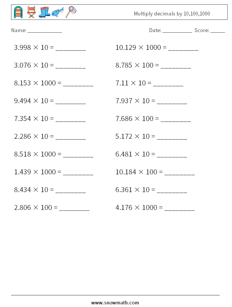 Multiply decimals by 10,100,1000 Math Worksheets 6