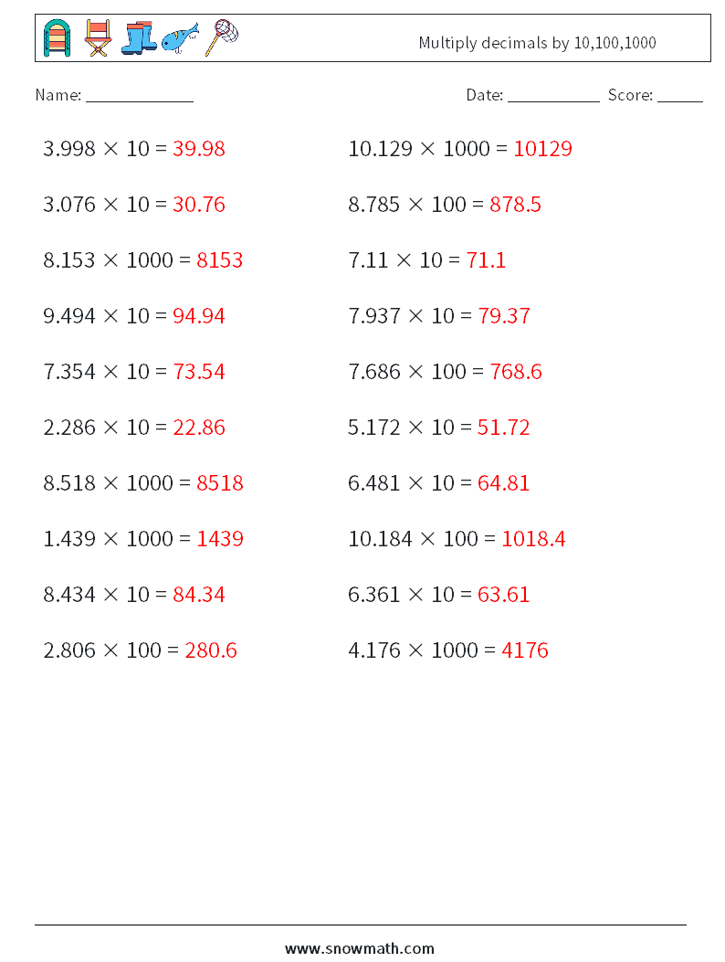 Multiply decimals by 10,100,1000 Math Worksheets 6 Question, Answer