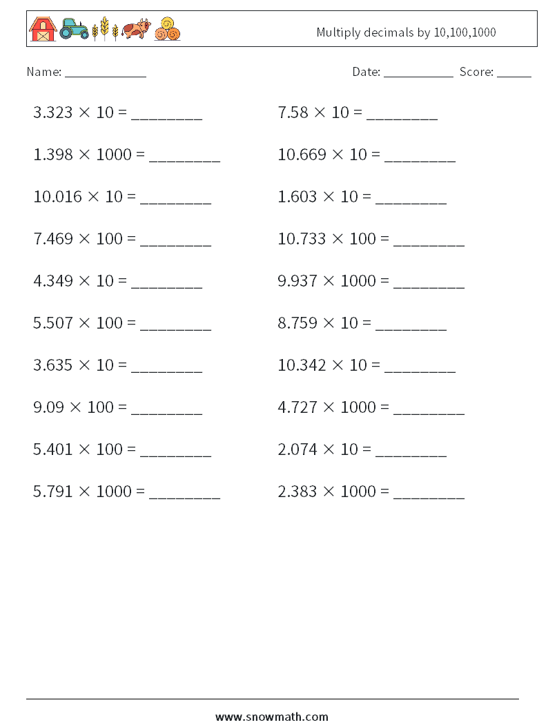 Multiply decimals by 10,100,1000 Maths Worksheets 8