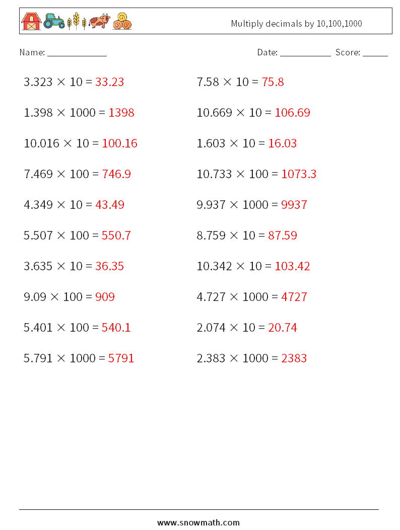 Multiply decimals by 10,100,1000 Math Worksheets 8 Question, Answer
