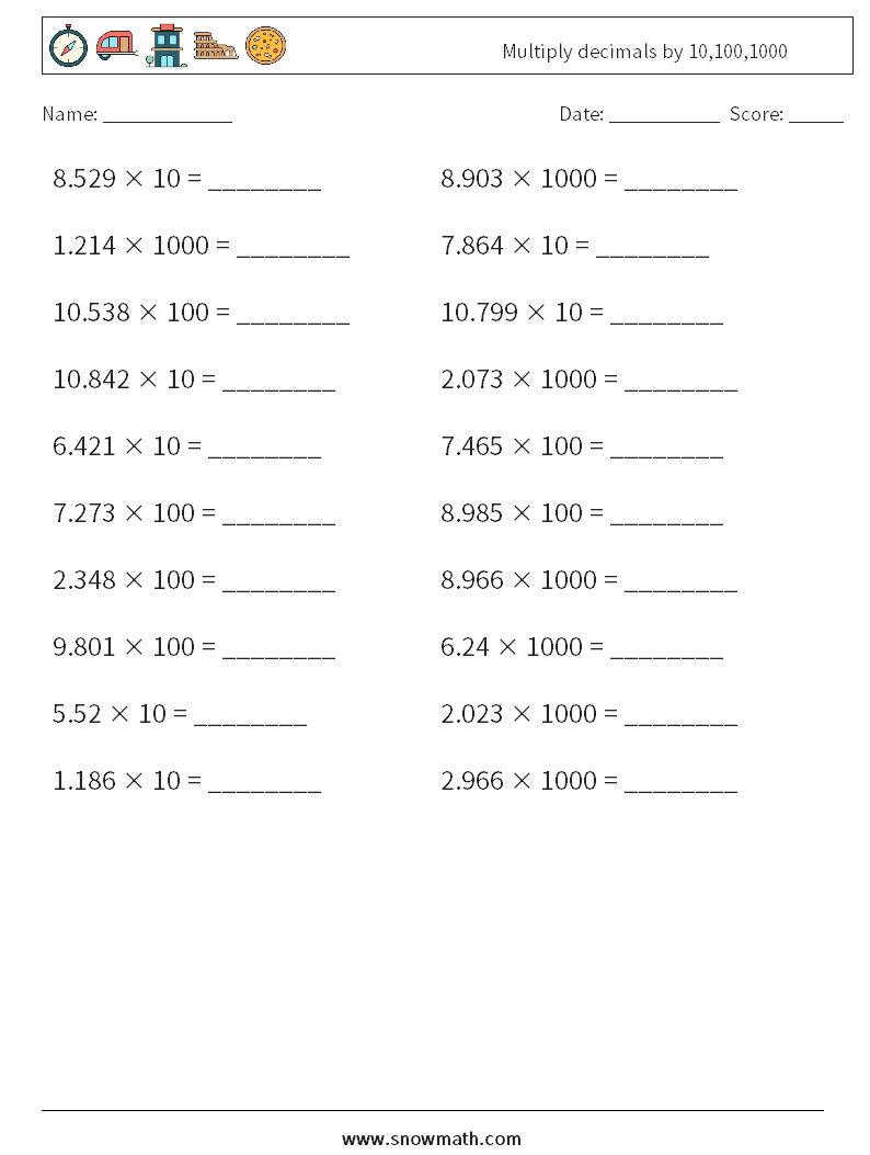 Multiply decimals by 10,100,1000 Maths Worksheets 9