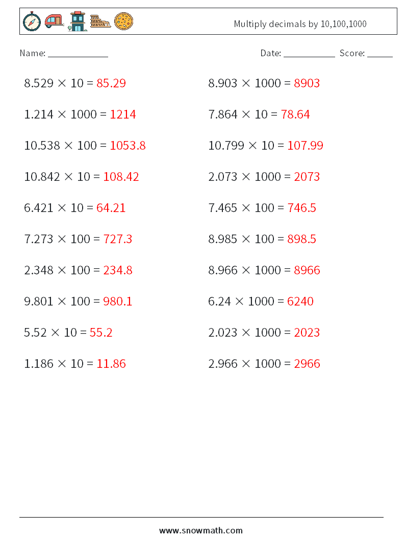 Multiply decimals by 10,100,1000 Math Worksheets 9 Question, Answer