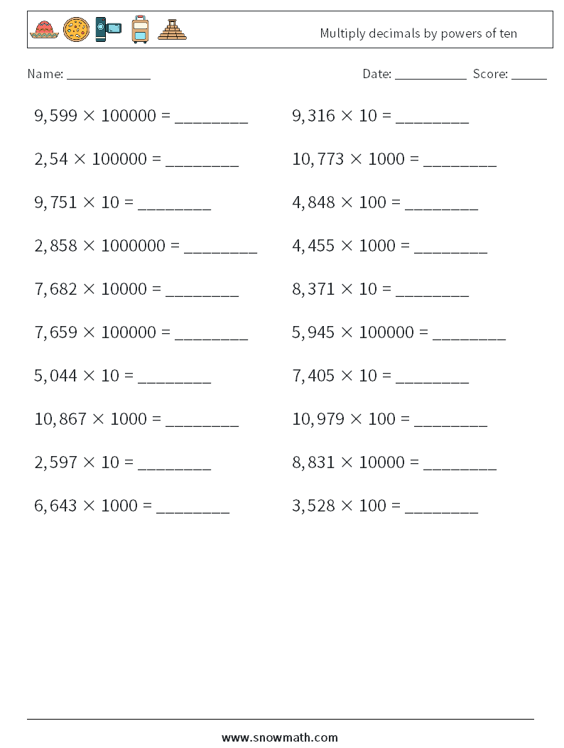 Multiply decimals by powers of ten Math Worksheets 1