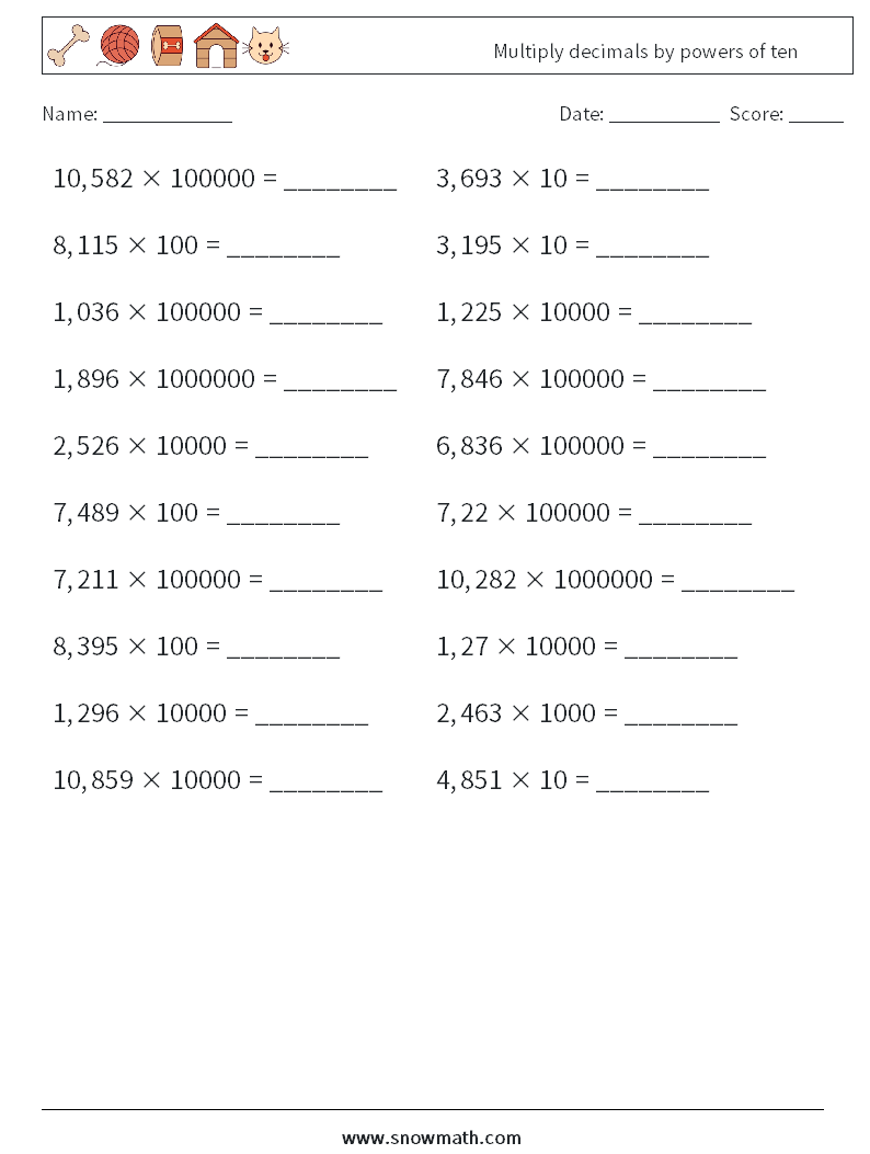 Multiply decimals by powers of ten Math Worksheets 10