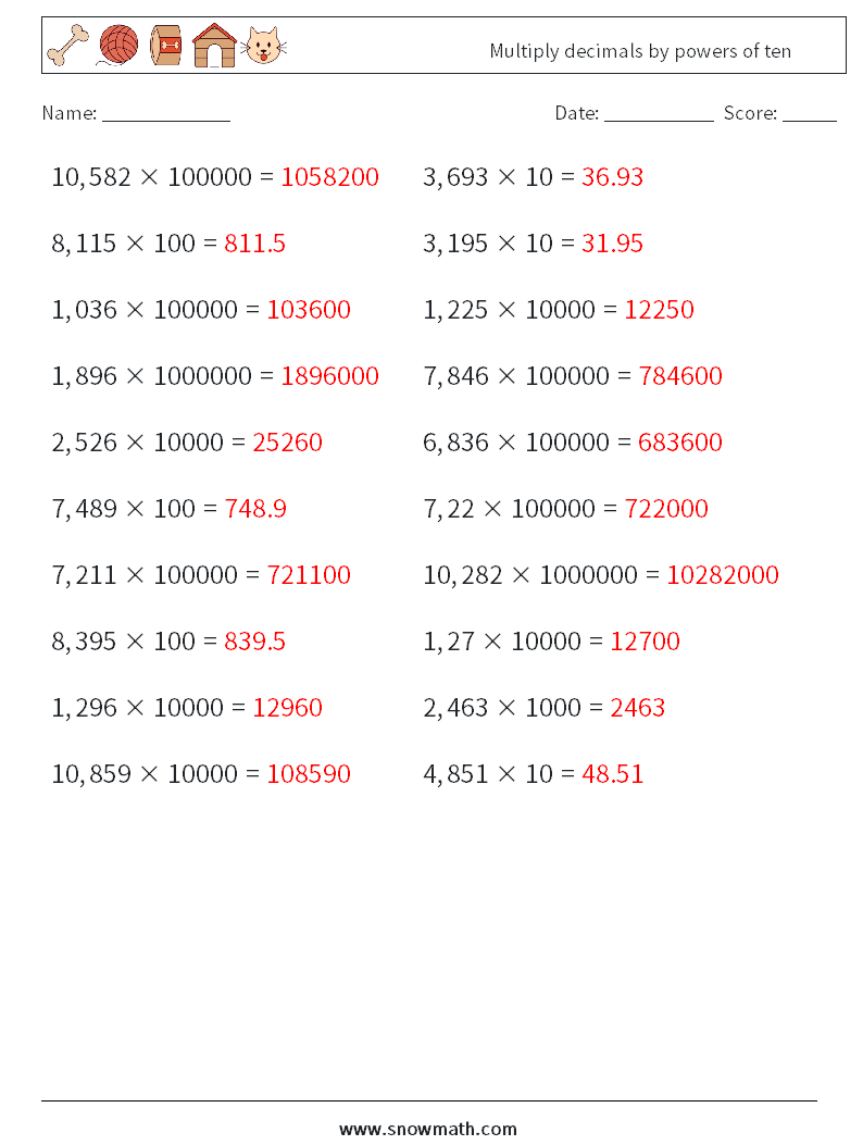 Multiply decimals by powers of ten Math Worksheets 10 Question, Answer