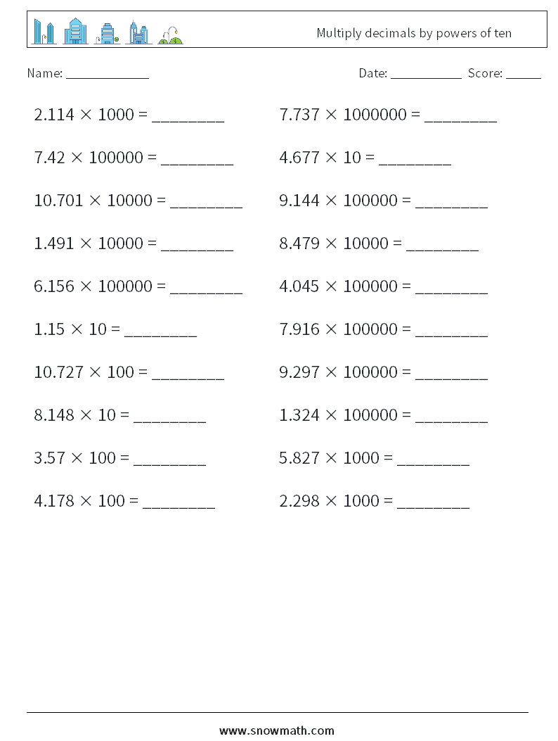 Multiply decimals by powers of ten Math Worksheets 11