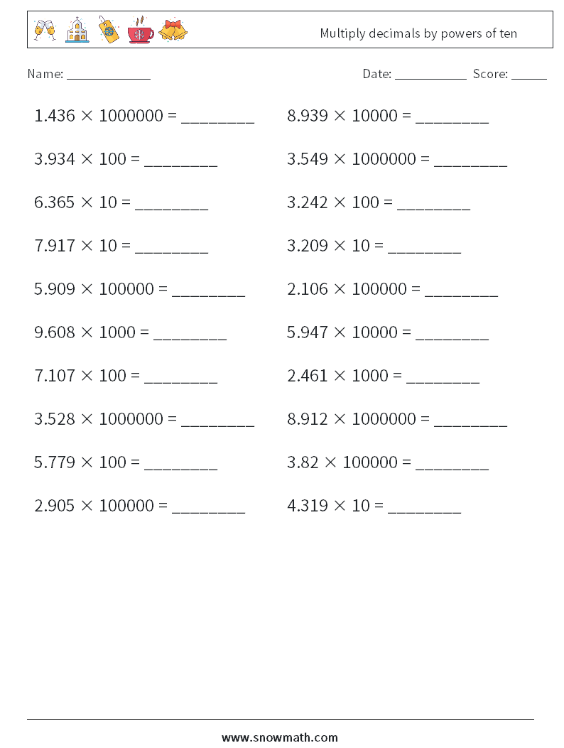 Multiply decimals by powers of ten Math Worksheets 12