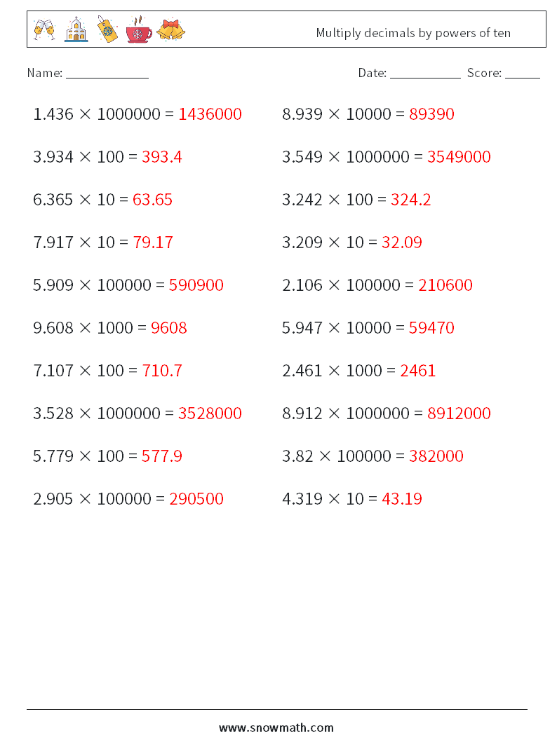 Multiply decimals by powers of ten Math Worksheets 12 Question, Answer