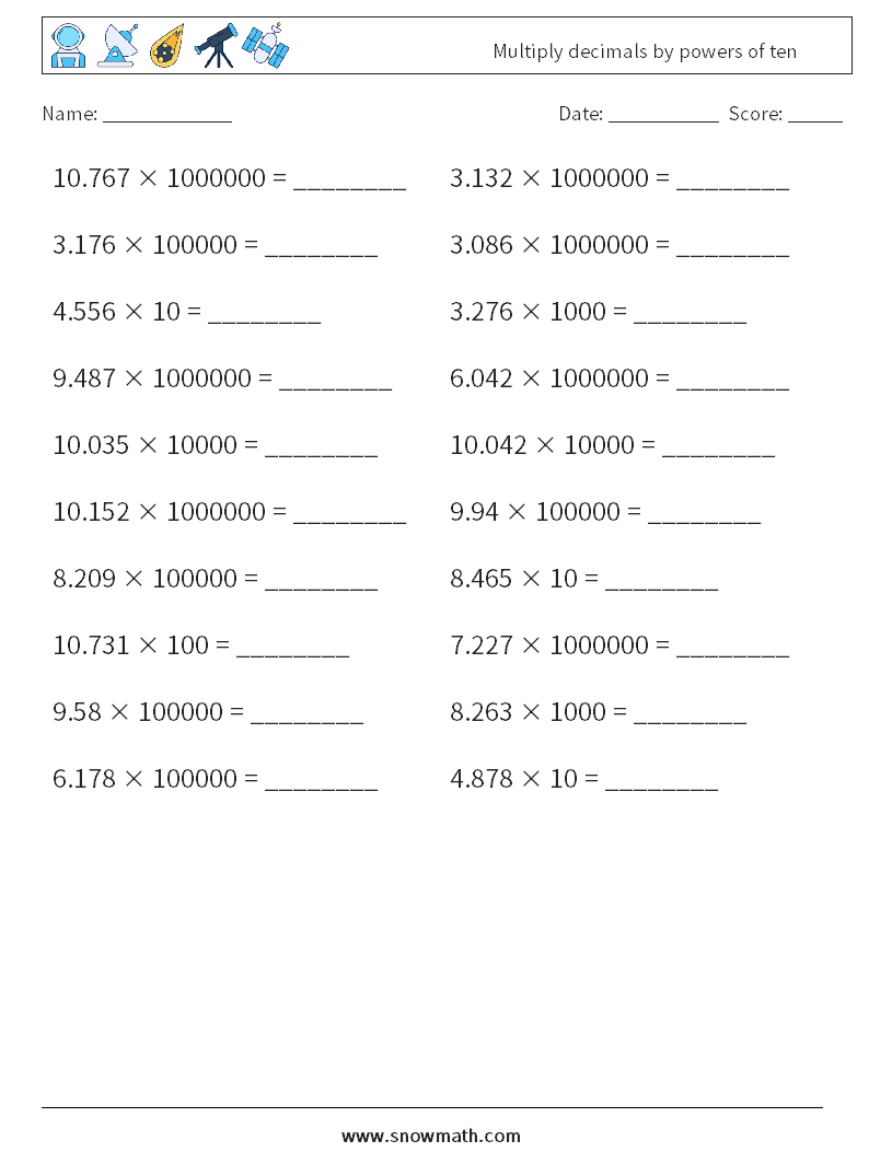 Multiply decimals by powers of ten Math Worksheets 13