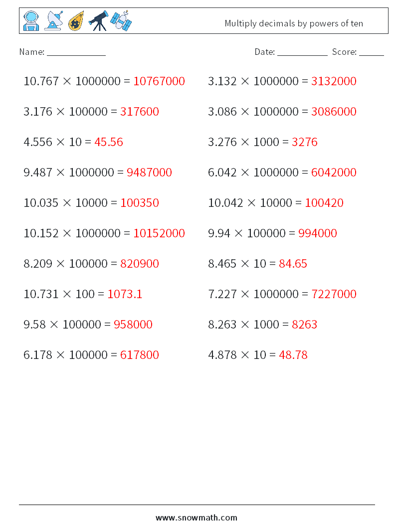 Multiply decimals by powers of ten Math Worksheets 13 Question, Answer