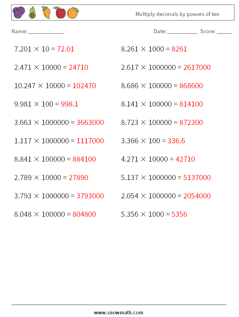 Multiply decimals by powers of ten Math Worksheets 14 Question, Answer