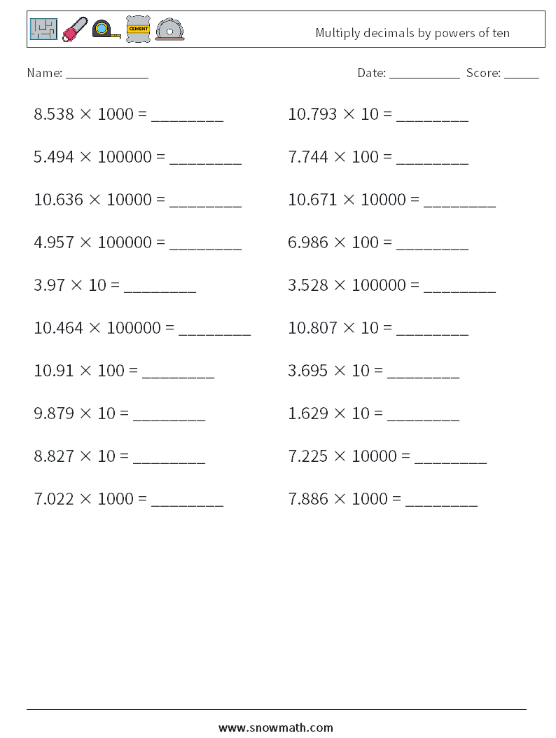 Multiply decimals by powers of ten Math Worksheets 15