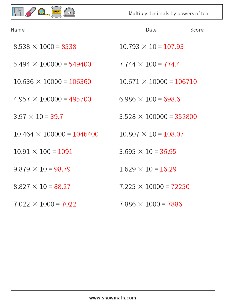Multiply decimals by powers of ten Math Worksheets 15 Question, Answer