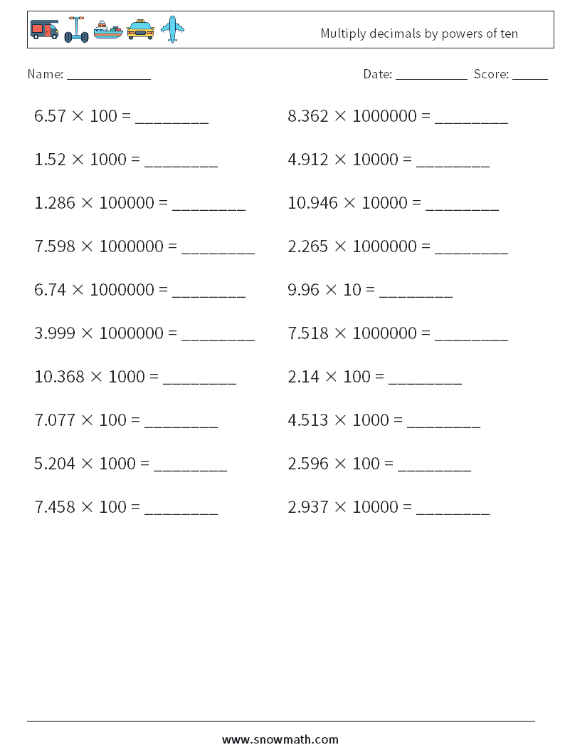 Multiply decimals by powers of ten Math Worksheets 16