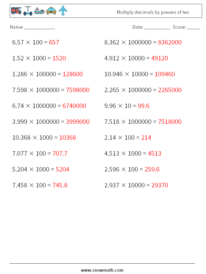 Multiply decimals by powers of ten Math Worksheets 16 Question, Answer