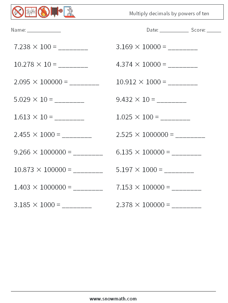 Multiply decimals by powers of ten Maths Worksheets 17