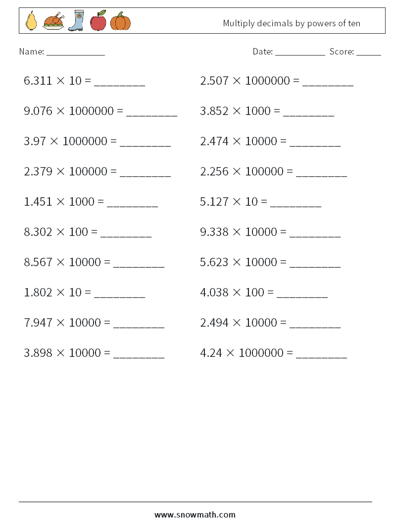 Multiply decimals by powers of ten Maths Worksheets 18