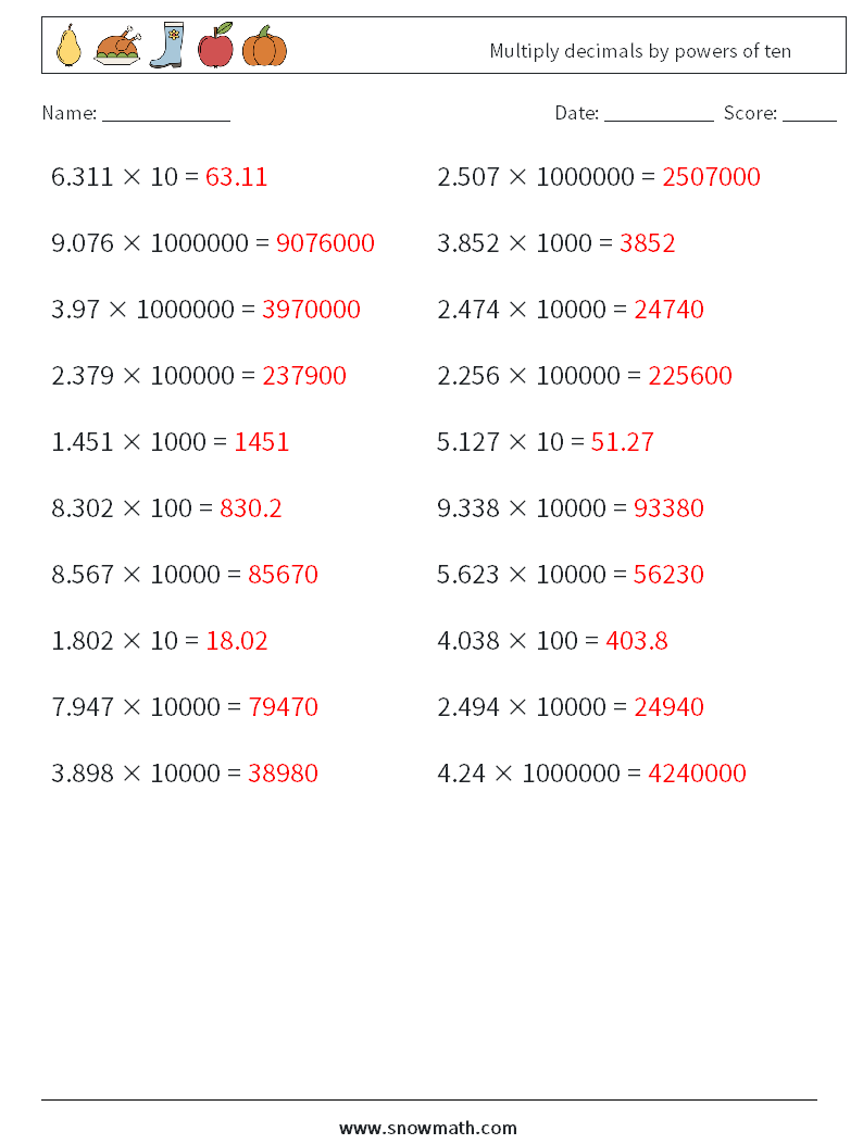 Multiply decimals by powers of ten Math Worksheets 18 Question, Answer