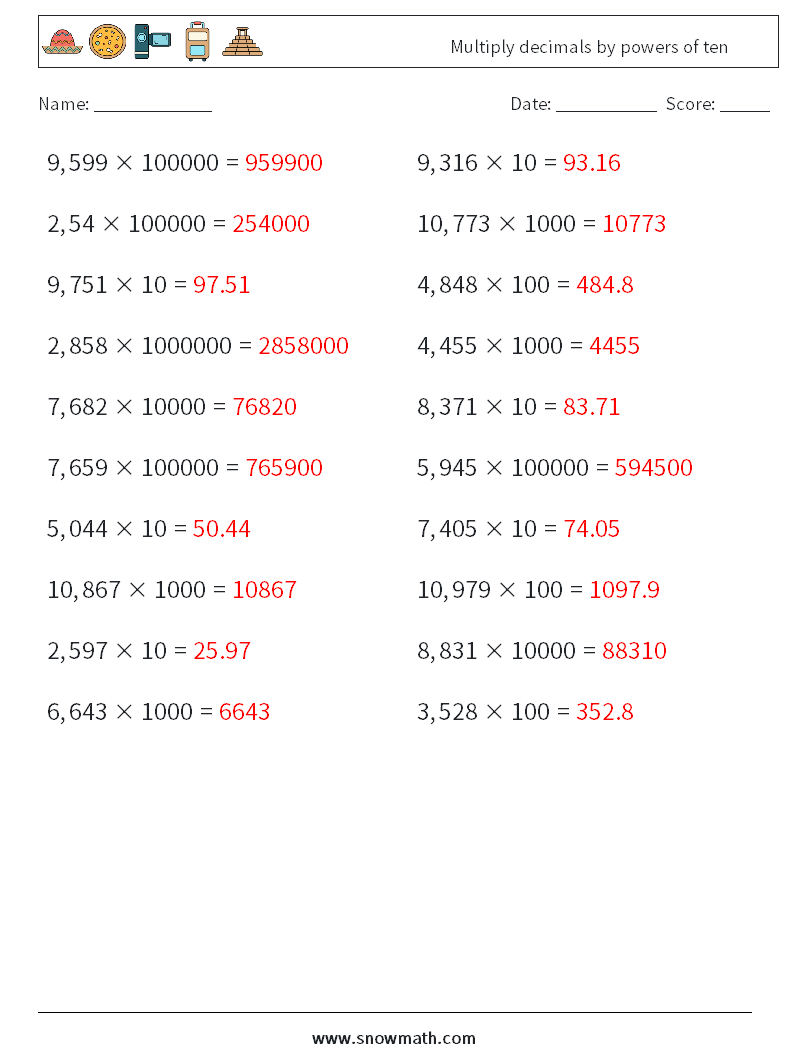 Multiply decimals by powers of ten Math Worksheets 1 Question, Answer