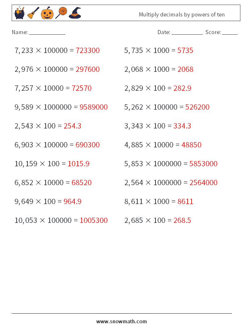 Multiply decimals by powers of ten Math Worksheets 2 Question, Answer