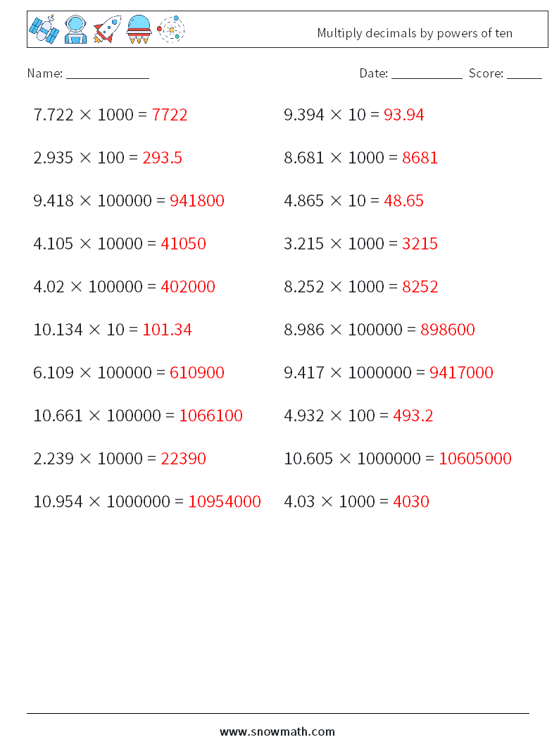 Multiply decimals by powers of ten Math Worksheets 3 Question, Answer