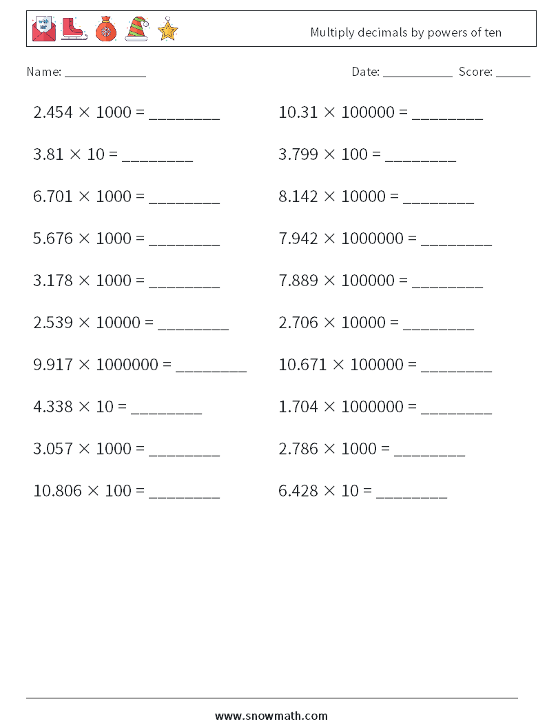 Multiply decimals by powers of ten Maths Worksheets 4