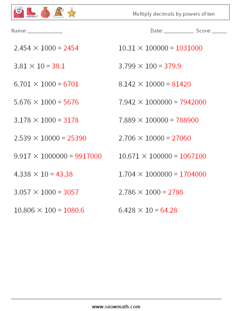 Multiply decimals by powers of ten Math Worksheets 4 Question, Answer