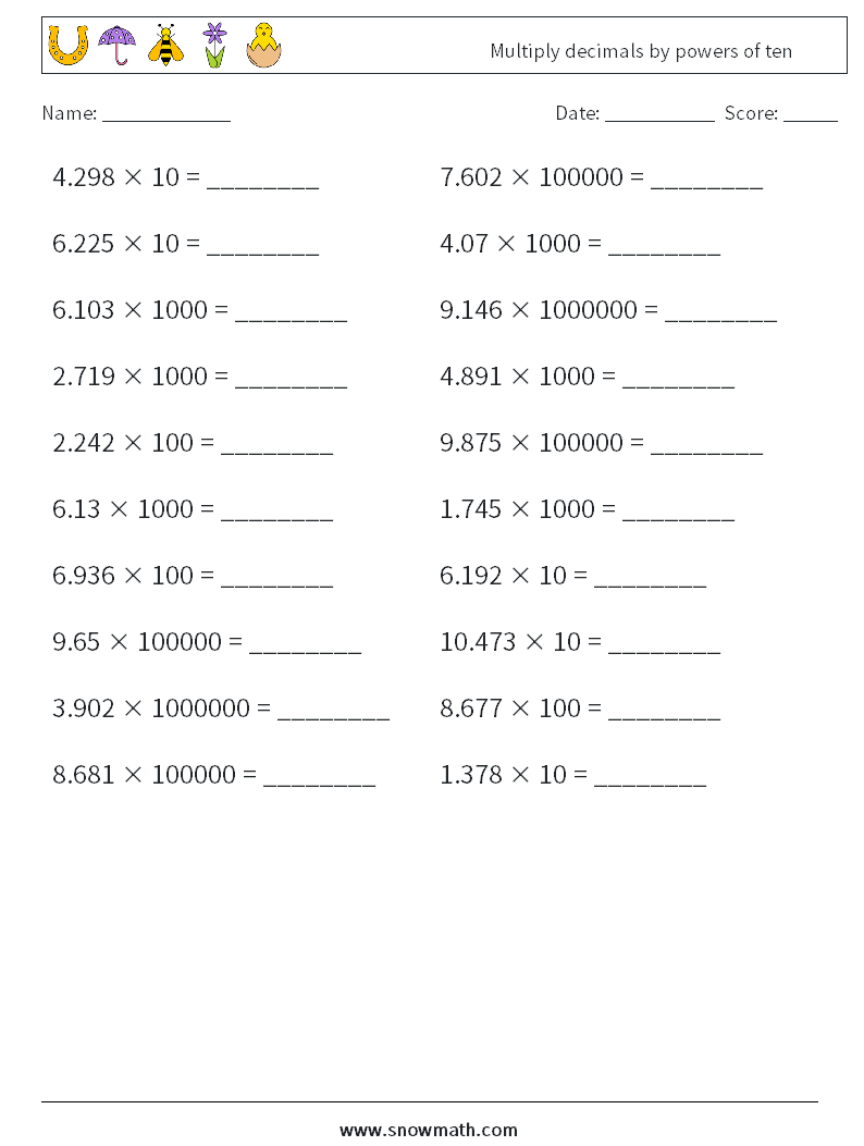 Multiply decimals by powers of ten Math Worksheets 5