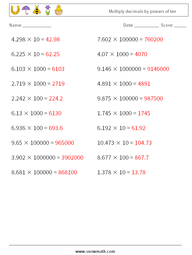 Multiply decimals by powers of ten Math Worksheets 5 Question, Answer