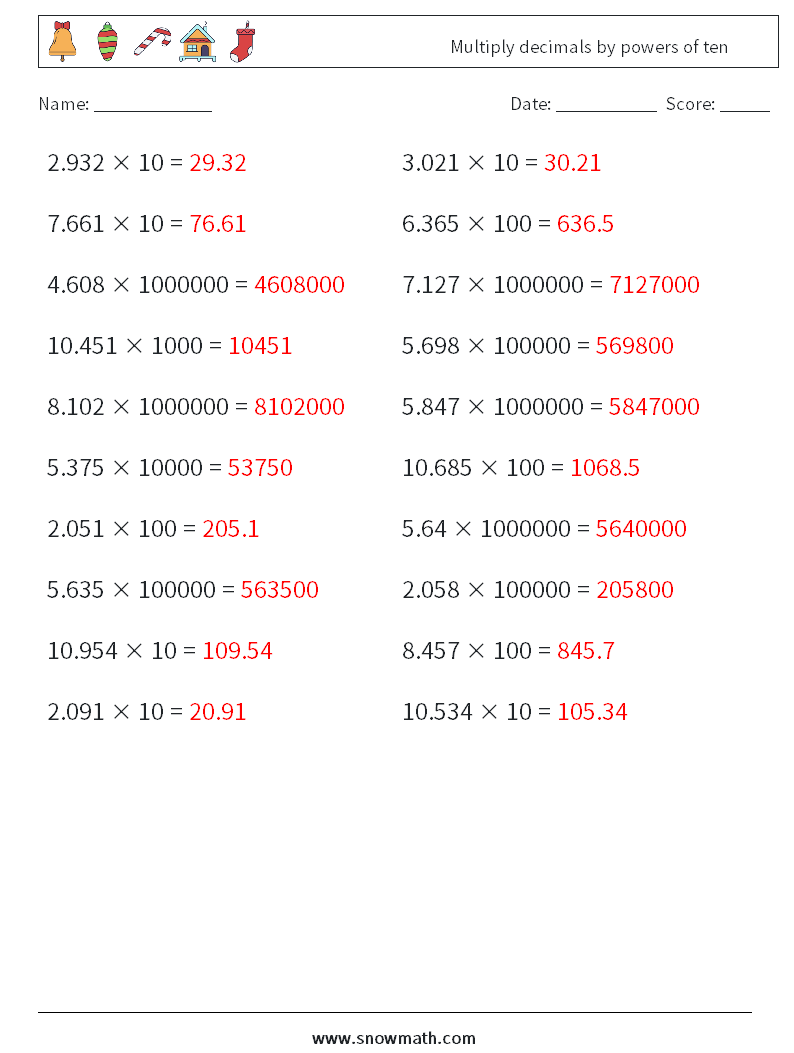 Multiply decimals by powers of ten Math Worksheets 6 Question, Answer