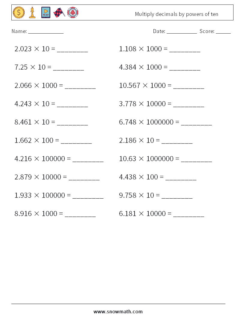Multiply decimals by powers of ten Maths Worksheets 7