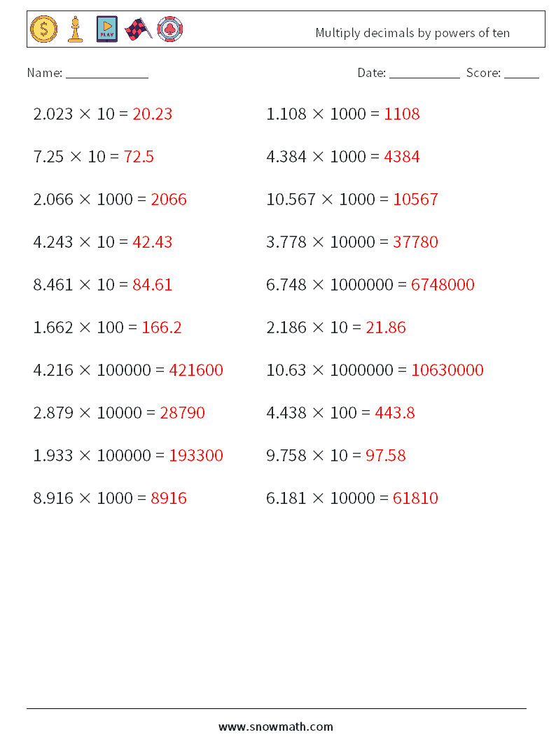 Multiply decimals by powers of ten Math Worksheets 7 Question, Answer