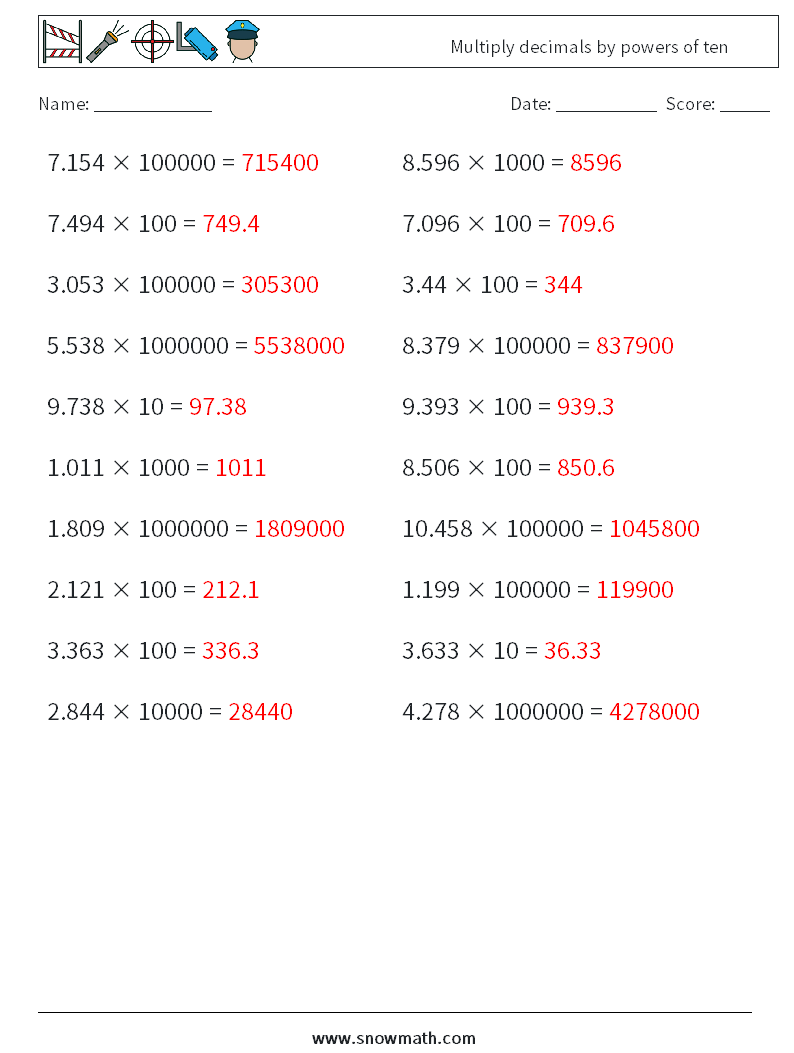 Multiply decimals by powers of ten Math Worksheets 8 Question, Answer