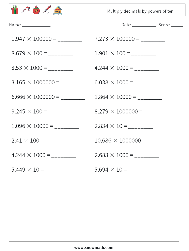 Multiply decimals by powers of ten Maths Worksheets 9