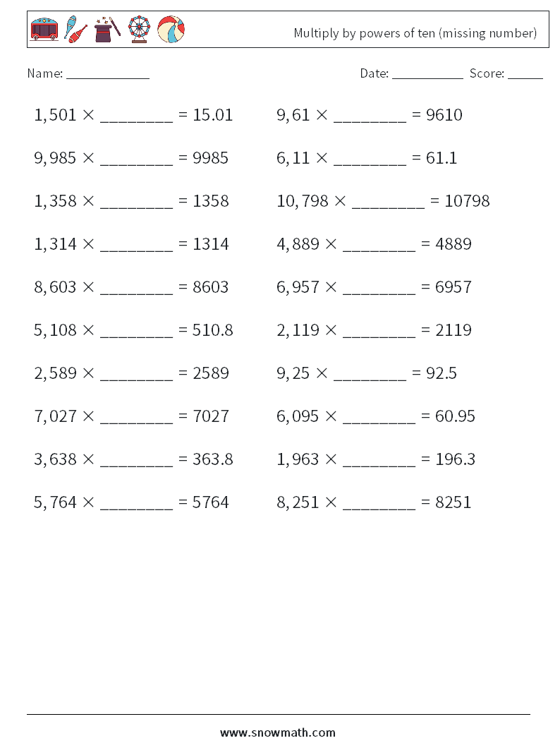 Multiply by powers of ten (missing number) Math Worksheets 1