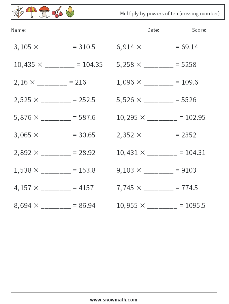 Multiply by powers of ten (missing number) Maths Worksheets 10