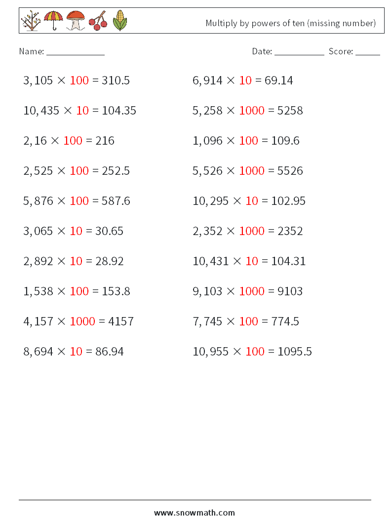 Multiply by powers of ten (missing number) Math Worksheets 10 Question, Answer