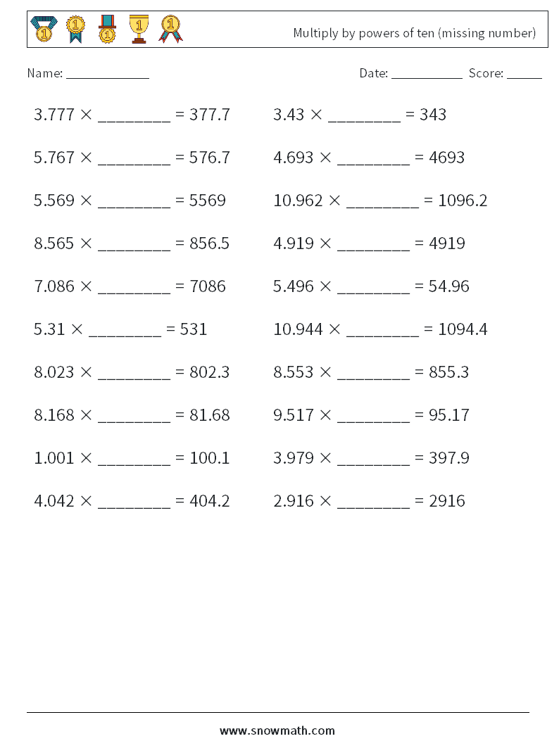 Multiply by powers of ten (missing number) Maths Worksheets 11