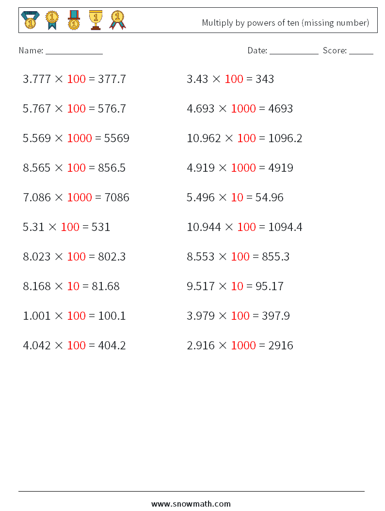 Multiply by powers of ten (missing number) Math Worksheets 11 Question, Answer