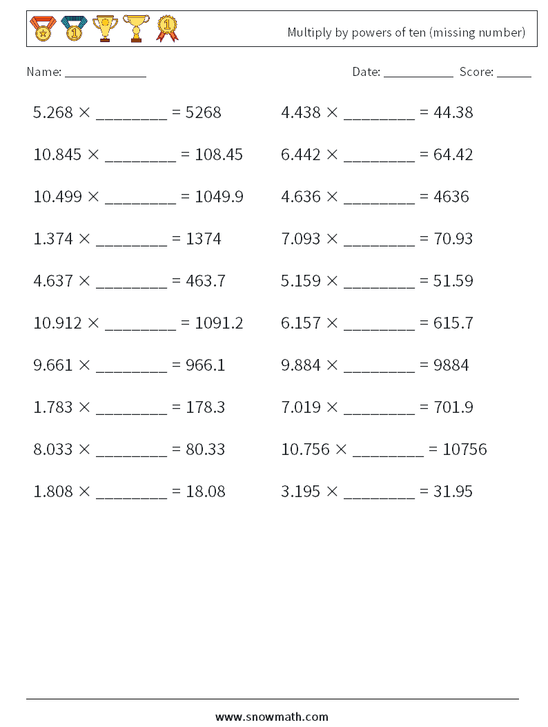 Multiply by powers of ten (missing number) Math Worksheets 12