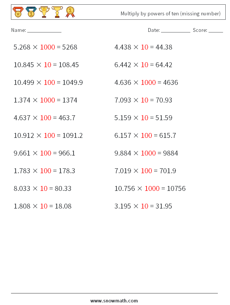 Multiply by powers of ten (missing number) Math Worksheets 12 Question, Answer