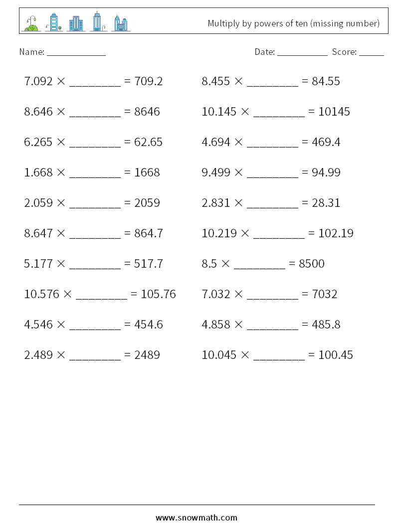 Multiply by powers of ten (missing number) Maths Worksheets 13