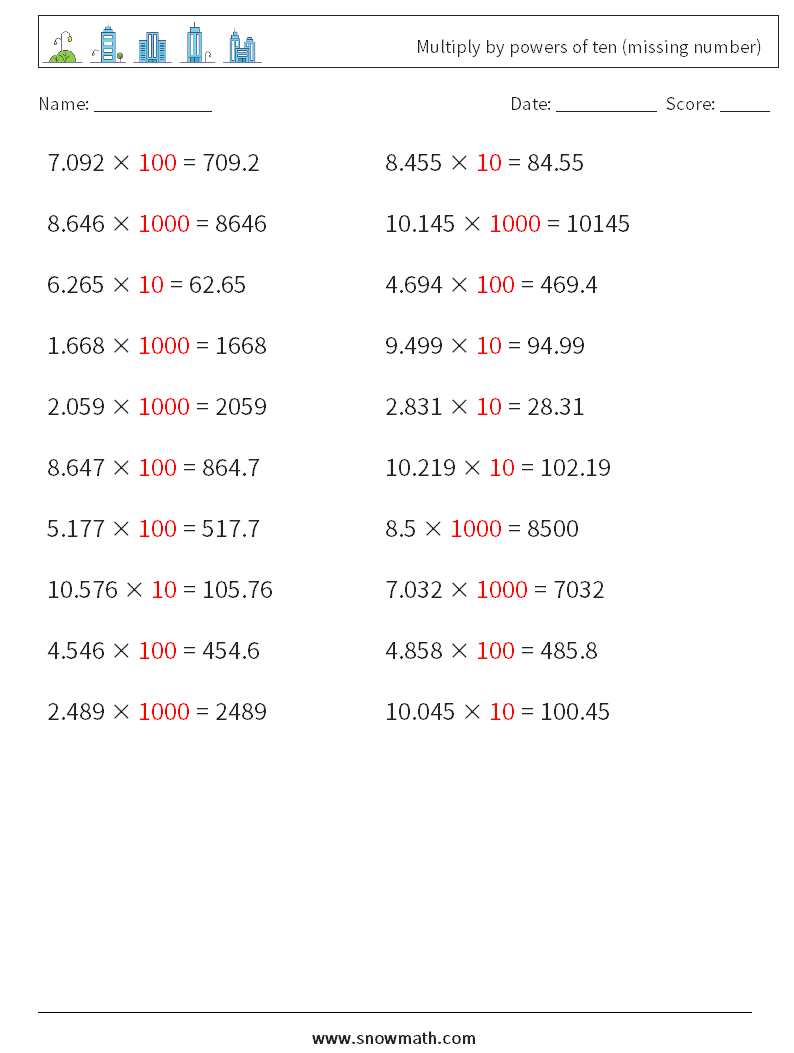 Multiply by powers of ten (missing number) Math Worksheets 13 Question, Answer