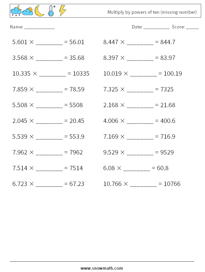 Multiply by powers of ten (missing number) Maths Worksheets 14