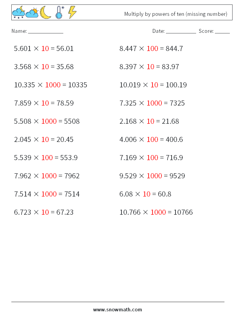 Multiply by powers of ten (missing number) Math Worksheets 14 Question, Answer