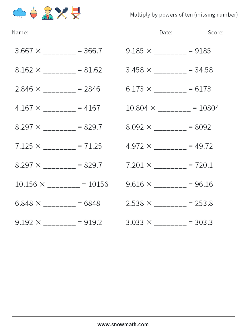 Multiply by powers of ten (missing number) Math Worksheets 15