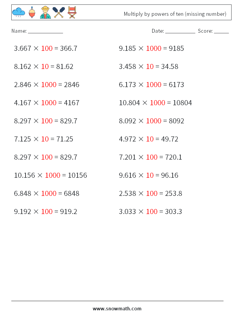 Multiply by powers of ten (missing number) Math Worksheets 15 Question, Answer