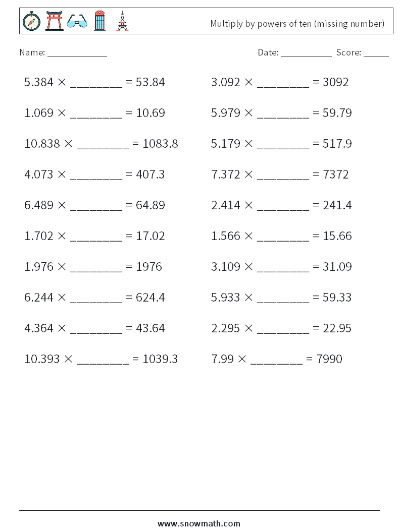 Multiply by powers of ten (missing number) Math Worksheets 16